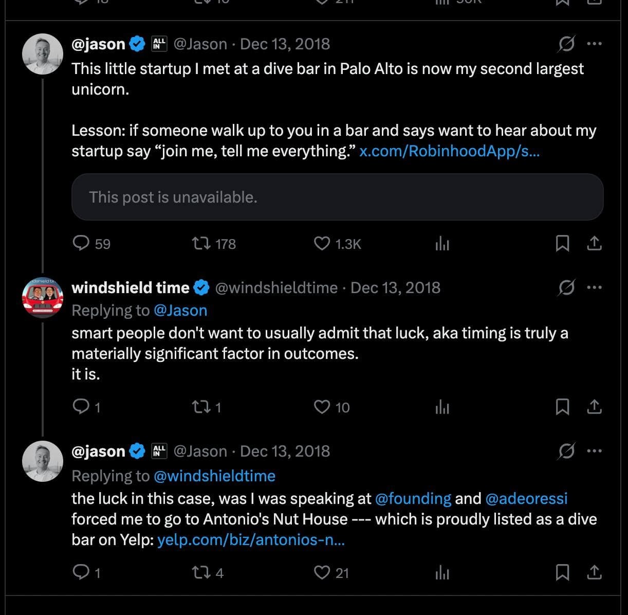 Screenshot of a 2018 tweet thread about a startup met at a Palo Alto dive bar
